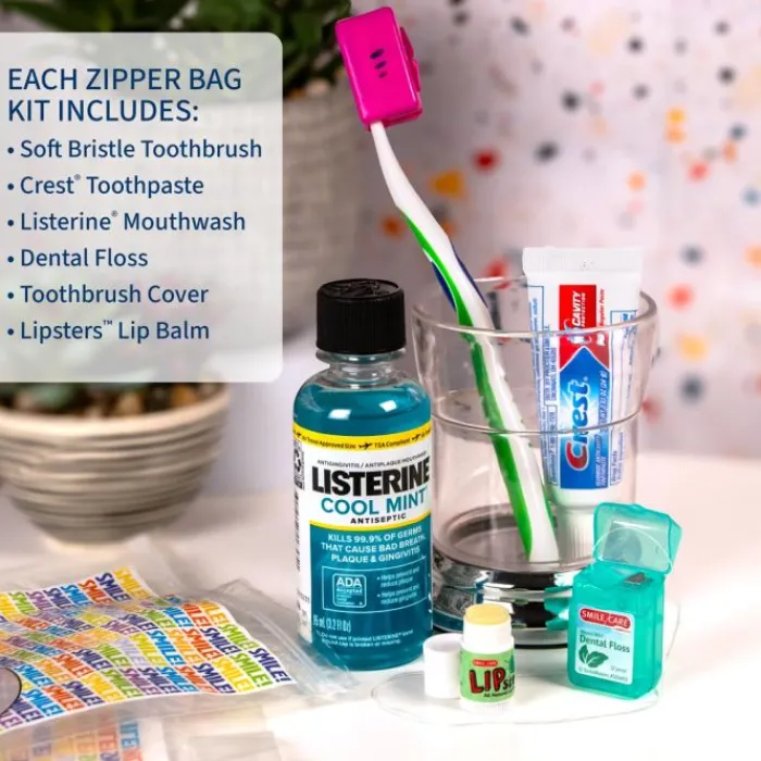 Dental Kits | Dental Practice Essentials<SmileMakers Custom SmileCare™ Adult Smile! Preference with Listerine Zippered Bag Dental Kits - Dental Kits from