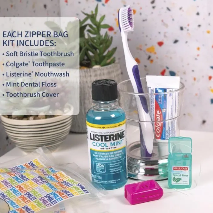 Dental Kits | Dental Practice Essentials<SmileMakers Custom SmileCare™ Adult Smile! Basic Colgate with Listerine Zippered Bag Dental Kits - Dental Kits from